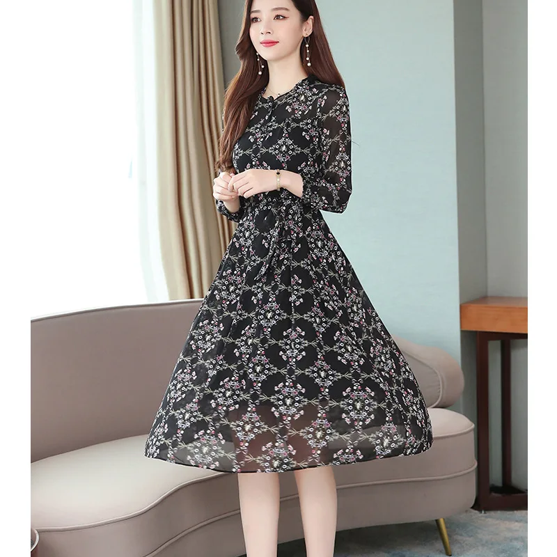 

2019 Floral Dress Women's Autumn Elegant Korean-style Mid-length High-waisted Chiffon Long Sleeve over-the-Knee a Sub-Skirt