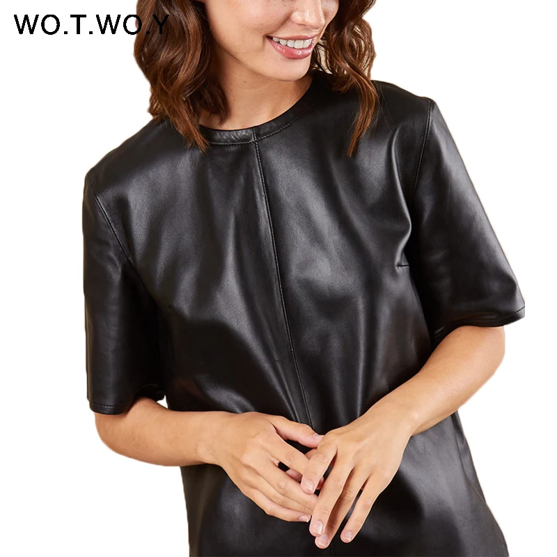 Baratos WOTWOY Primavera Verano imitación cuero mujer camiseta 2019 cremallera trasera Casual imitación cuero negro mujer Camiseta cuello redondo mujeres