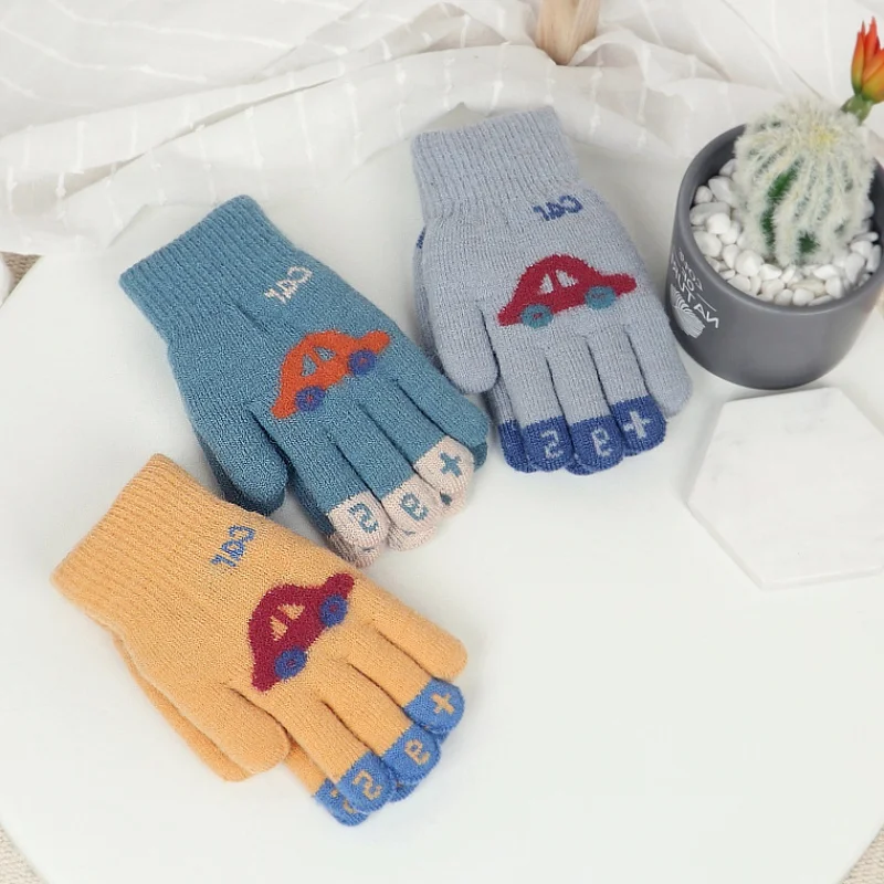 Children Winter Gloves For 4-8 Years Boys Girls Mittens Knitted Soft Warm Cute Cartoon Car