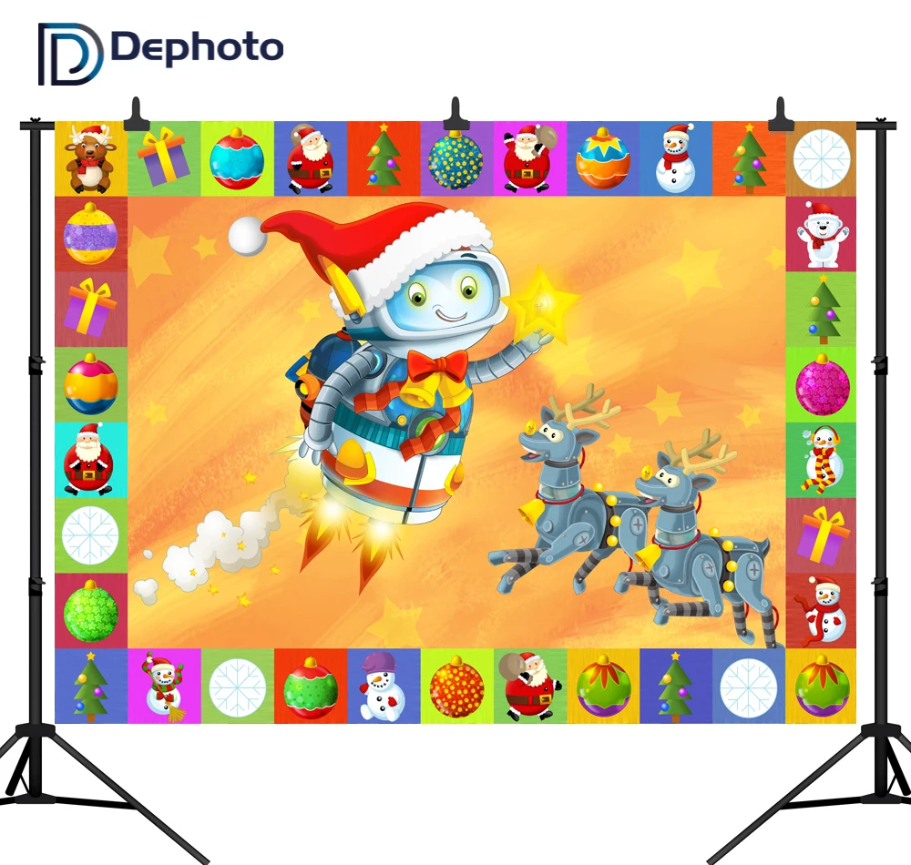 

Cartoon Christmas Scene with Frame Photo Backdrop Christmas Robots Electronics Reindeer Photography Backgrounds for the Children