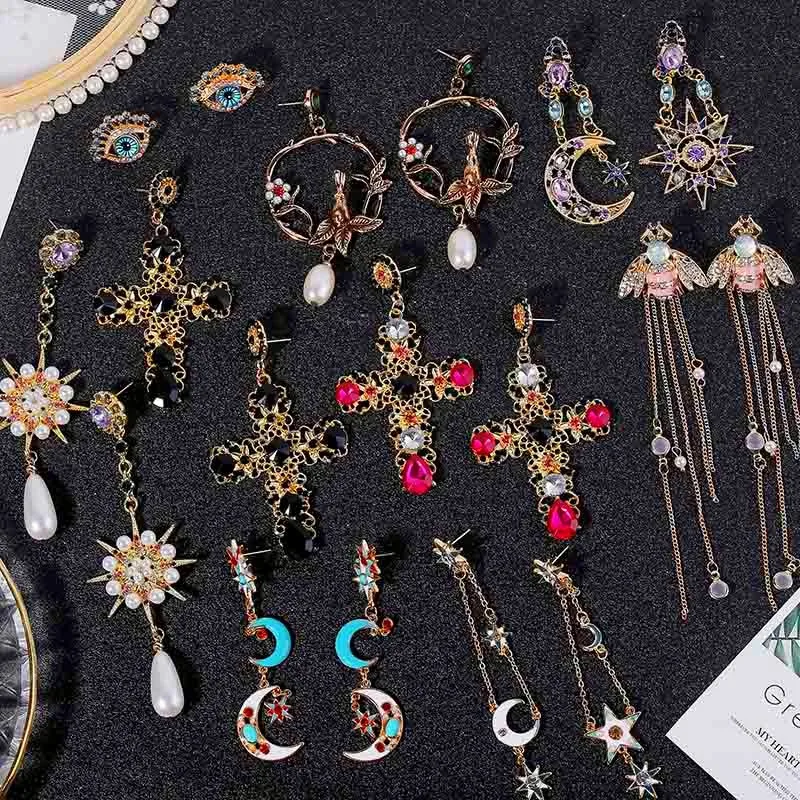 

Vintage Long Geometric Cross Pearl Rhinestone Drop Earrings For Women Hyperbole Trendy Crystal Moon Star Earring Fashion Jewelry