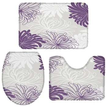

3 Pieces Bathroom Set Purple And White Chrysanthemum Dahlia Bath Set Toilet Cover Mat Pedestal Rug Non-Slip Bathroom Rug Set