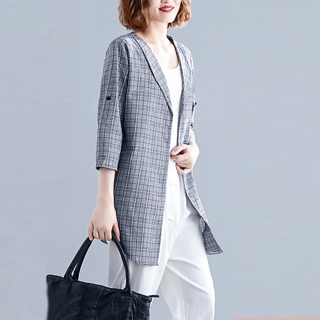 Vintage Cardigan Office Ladies Plaid Blazer Long Sleeve Loose Houndstooth Suit Coat Jacket Women blazers Female dropshipping 827