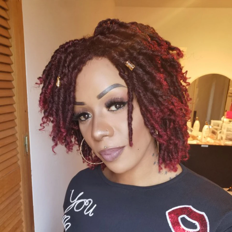 Peruca de Borgonha para Preto Beaudestiny Cabelo Sintético Fake Locs Dreadlocks Perucas Macias Faux Peruca Trançada Afro Curto Encaracolado 2 macias faux locs peruca trançada afro curto