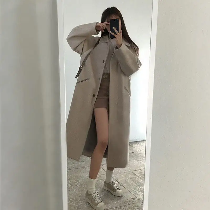 Осеннее свободное шерстяное пальто с карманами однотонное однобортное для