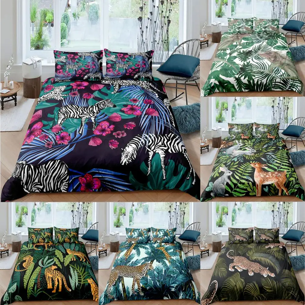 

Tiger Lion Leopard Dinosaurs Duvet Cover Animal Tree Leaves 3d Print Bedding Set Pillowcase Home Textiles Microfiber Bedclothes