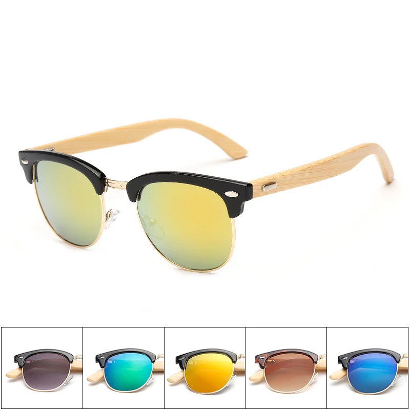 

2019 New Fashion Women Metal Bridge Half Frame Bamboo Sunglasses With Rivets Men Mirror UV400 Natural Bambu Sun Glasses 1505KP