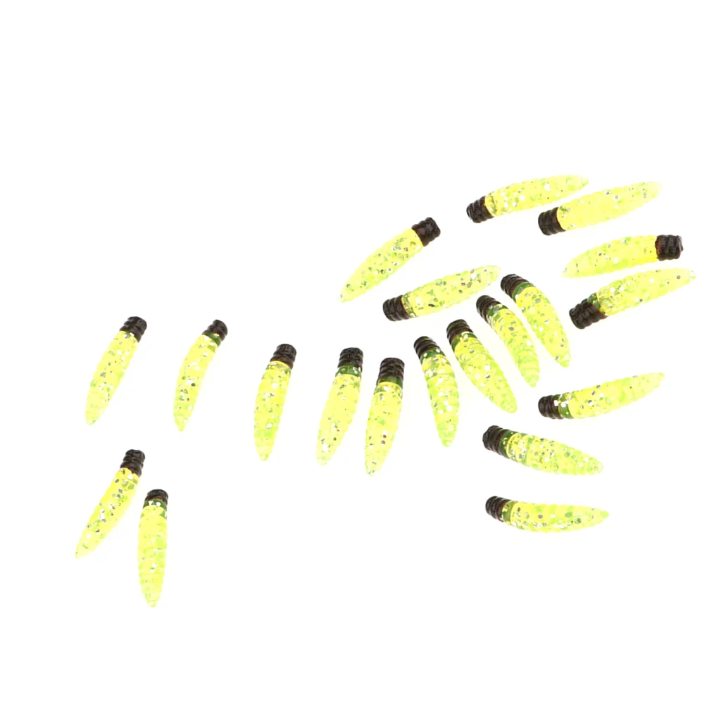 20pcs Soft Plastic Fishing Wax Worms Artificial Bee Moth Silicone Larva Wiggler Glow Maggot Grub Lure Baits Assorted Colors