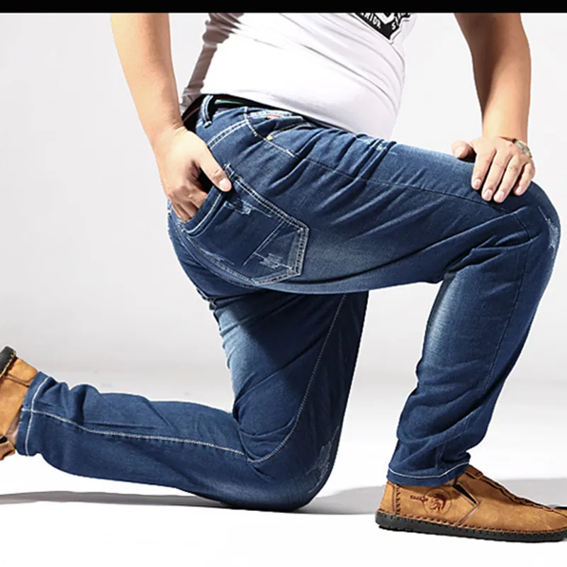 Мужские джинсы больших размеров 6XL 7XL 8XL 180 кг, одежда, брюки, мужские Стрейчевые прямые свободные штаны, синие джинсы плюс джинсы, брендовые рваные штаны
