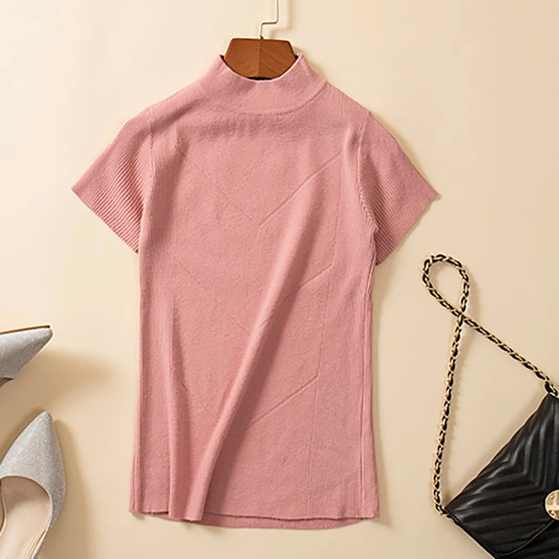 

2020 Autumn Women's Knitted Sweater Pink Turtleneck Short Sleeve Slim Soft Elasticity Knit Korean Pullover Jumper Mujer Femme