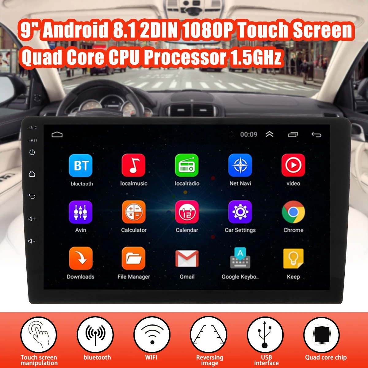 

9'' Android 8.1 Universal Car Stereo MP5 Player 2DIN Quad Core WIFI GPS Nav Radio Video Car Multimedia Player Mirror Link 1+16G