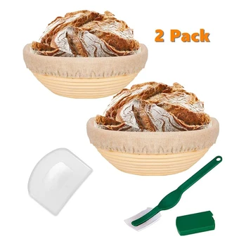

Promotion! 2Set 9in Round Bread Banneton Proofing Basket Includes Linen Liner Dough Scraper and Bread Lame Rising Dough Baking B