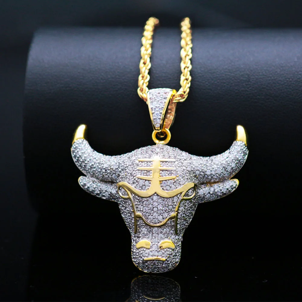 

2019 Fashion Gold Long Chain Bull Pendant Necklaces Women Men Hip Hop Jewelry Bling Bling AAA Zircon Copper Necklace Gifts