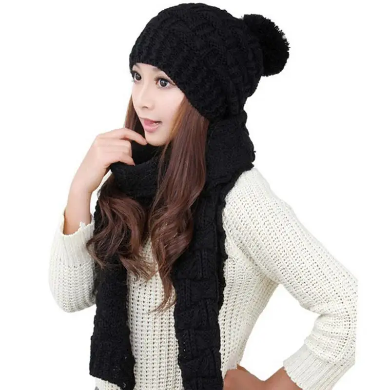 Сплошной цвет вязания шапки женские осенне-зимние теплые утолщенные шарф обёрточная шапка набор мягкие теплые вязаные шапки с черепом - Цвет: Черный