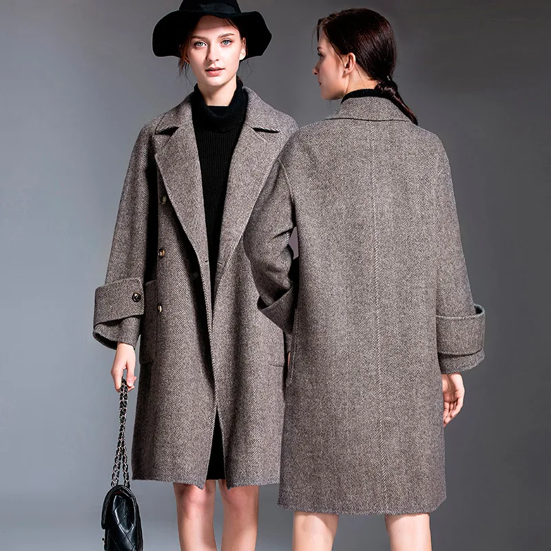 

women s winter coat grey herringbone Double sided wool cashmere outwear 2019 autumn plus size ladies overcoats long free ship