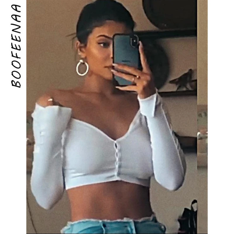 

BOOFEENAA Sexy Button Deep V Neck Long Sleeve Shirt Women Cotton Rib Knit Fashion Tops 2019 Womans T Shirts Cropped Tees C76-I09
