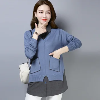 

2019 Female Fake Two-piece Set Top Knitting Shirt Female Loose Outside Wear Shirt Collar Splicing Sweater