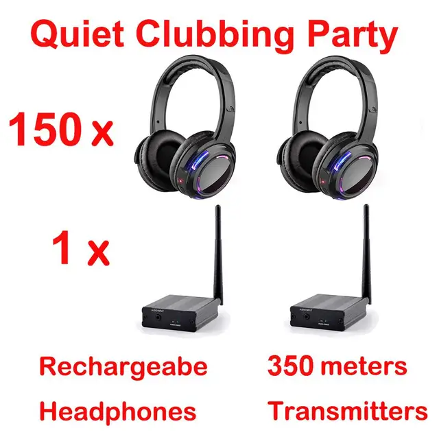 Silent Disco complete system black led wireless headphones – Quiet Clubbing Party Bundle (150 Headphones + 1 Transmitters)