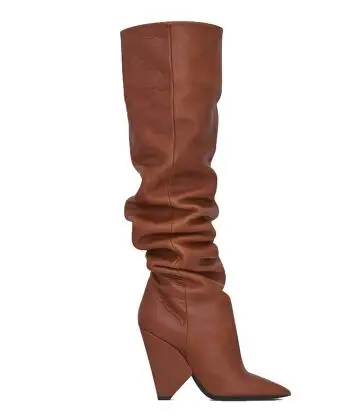 brown leather BONJEAN; пикантные женские сапоги с острым носком на шпильке; черные кожаные сапоги выше колена на высоком каблуке; сапоги для верховой езды - Цвет: brown leather