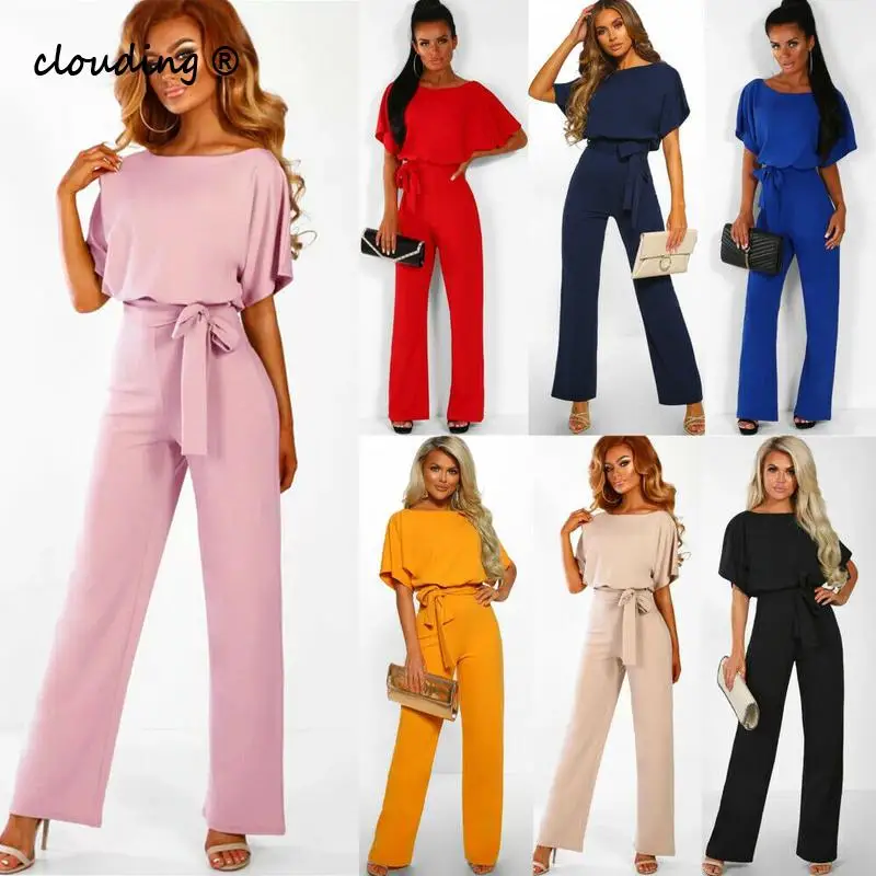 

Women's Summer Jumpsuit Casual Short Sleeve Solid Color Playsuit Lace-Up Jumpsuit Romper Round Neck High Waist Elegant