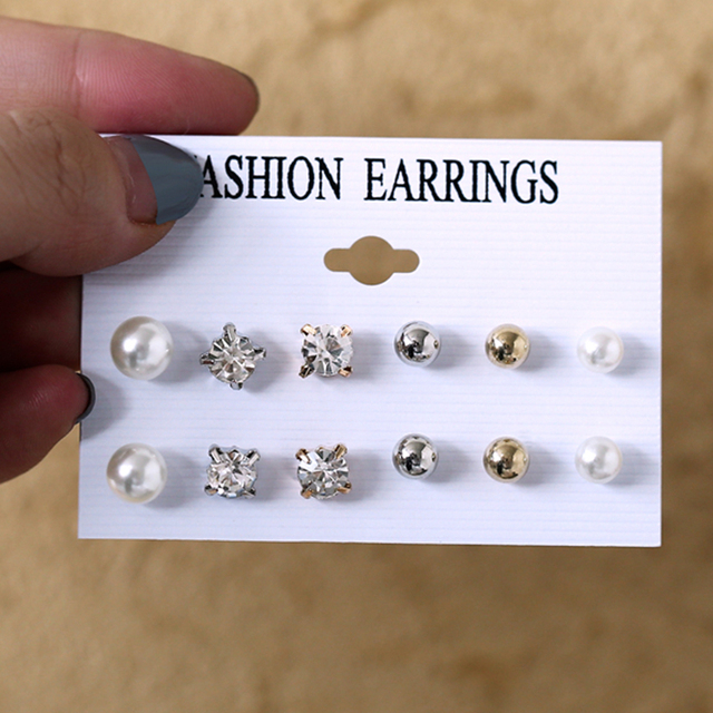 Geometric Gold Silver Color Cubic Zircon Crystal Stud Earrings Set For Women Fashion Pearl Earrings Gifts Jewelry