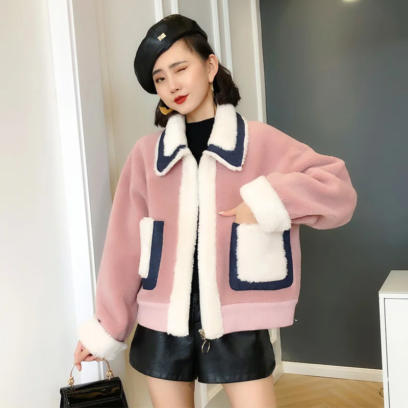 Пальто из натурального меха женская шерстяная куртка осенне-зимнее пальто женская одежда корейские винтажные меховые пиджаки из овечьей шерсти Abrigo Mujer 4262 - Цвет: pink-white