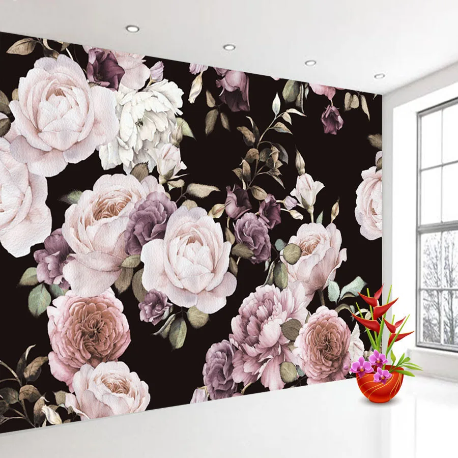 Custom-3D-Photo-Wallpaper-Mural-Hand-Painted-Black-White-Rose-Peony-Flower-Wall-Mural-Living-Room (1)