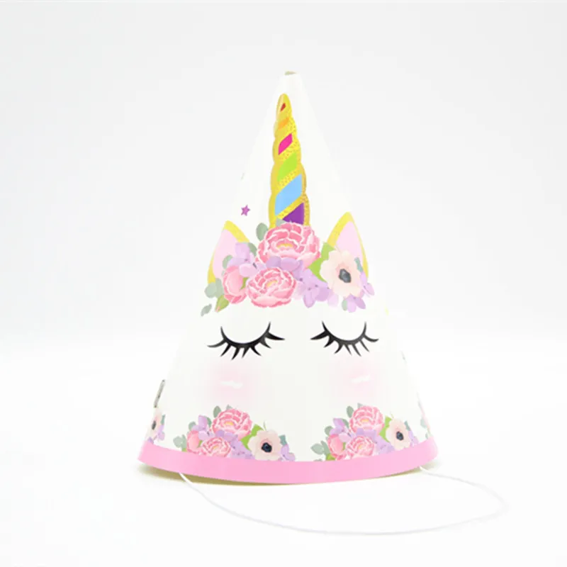 Вечерние шапки в виде единорога с изображением розового животного, украшения для дня рождения, Детская Праздничная бумажная шляпа, детский душ