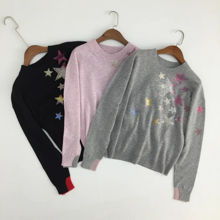Габи со стразами Звездный душ узор CACHEMIRE свитер с круглым вырезом с опущенными плечами модное Джерси джемпер с контрастными манжетами