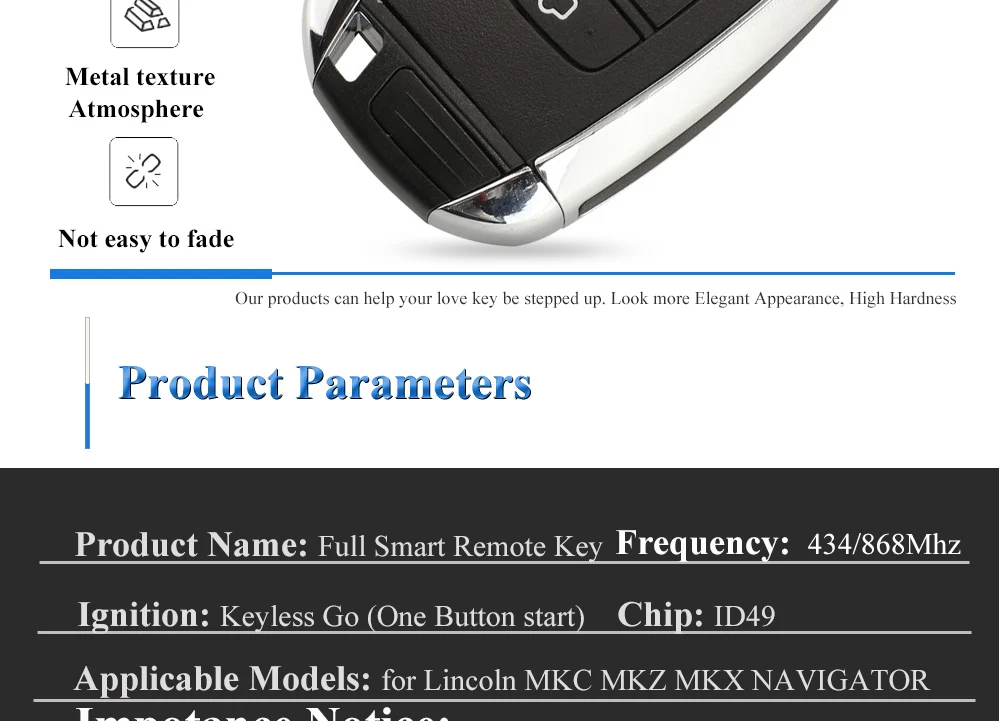 Keyforkess 5 pz / lotto Telecomando Chiave Dell'automobile Per Lincoln MKC MKZ MKX NAVIGATOR 2017 2018 2019434/868 Mhz ID49 Smart Fob Control Keyless Go - H236443f1d2874fe6965a934f9b9f1a005