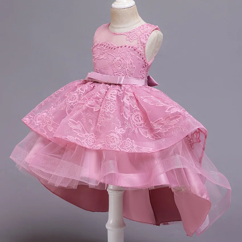 Новые детские платья Анны и Эльзы для девочек; карнавальный костюм; детское вечернее платье принцессы; свадебное платье с цветочным узором для девочек 12 лет - Цвет: Pink