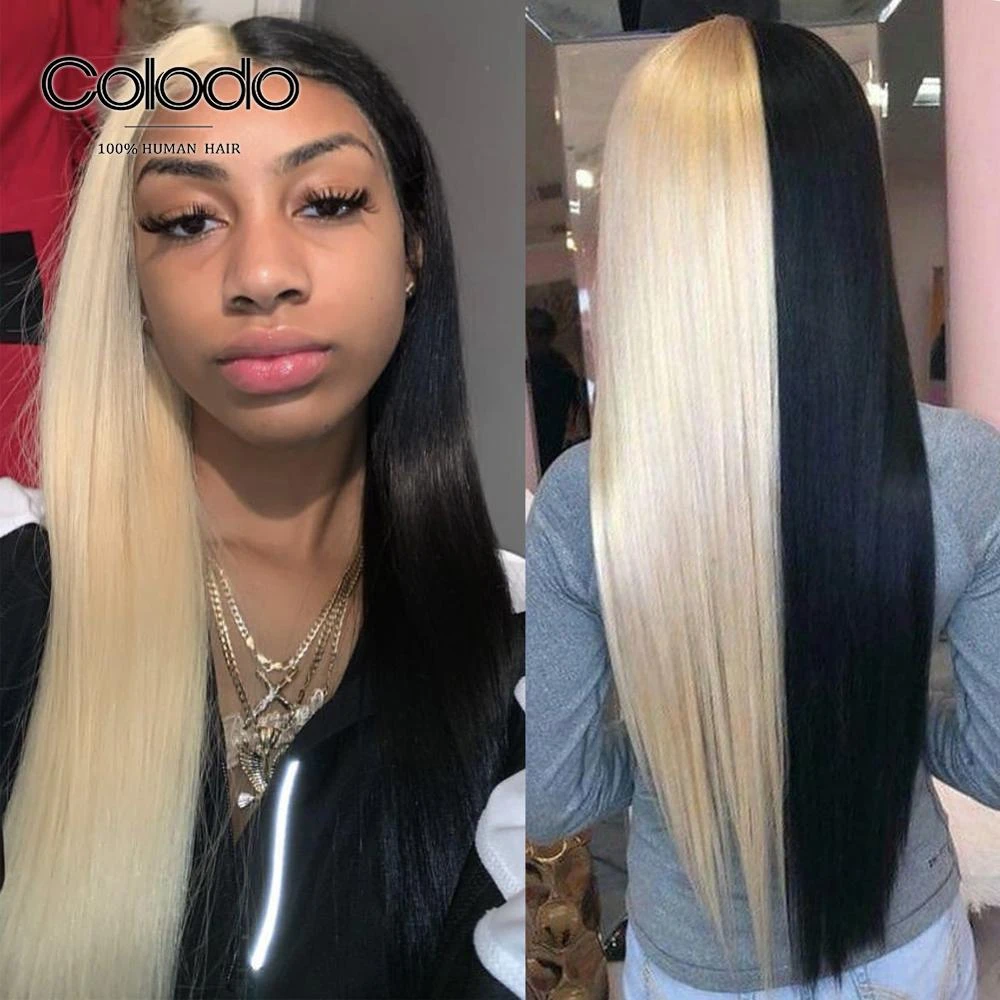 Colodo Preplucked Half Purple Half Black Straight Lace Front Wig Remy Half Red Half Blonde Lace Front Human Hair Wigs For Women Human Hair Lace Wigs Aliexpress