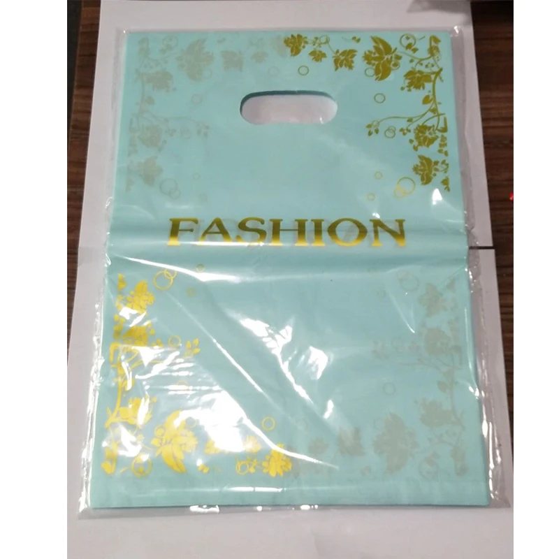 

50pcs 25*35cm Gold Flowers Design Blue Plastic Gift Bag Clothing Boutique Packaging Bags Big Plastic Shopping Bags With Handles