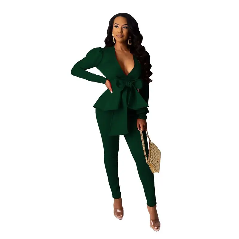 HAOYUAN комплект из двух предметов, Женская офисная одежда, сексуальный v-образный вырез, галстук-бабочка, блейзеры, топ и штаны, подходящие комплекты, 2 предмета, осенние зимние наряды - Цвет: dark green