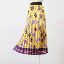Женская юбка, осень, новинка, эластичная, высокая талия, для похудения, Ретро стиль, с принтом, до колена, плиссированная юбка