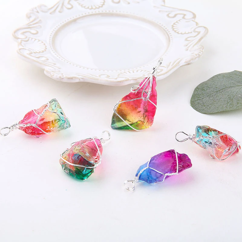 

2pcs Korean Natural Rainbow Crystal Stone Pendant For Women Girl Purple Ore Copper Wire Winding Irregular Diy Material