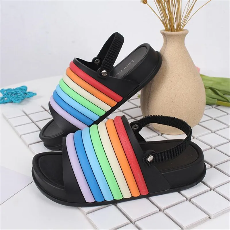 Mini Melissa/Новинка года; прозрачные сандалии в радужную полоску; обувь для девочек; нескользящие пляжные сандалии для девочек; Детские прозрачные сандалии Melissa