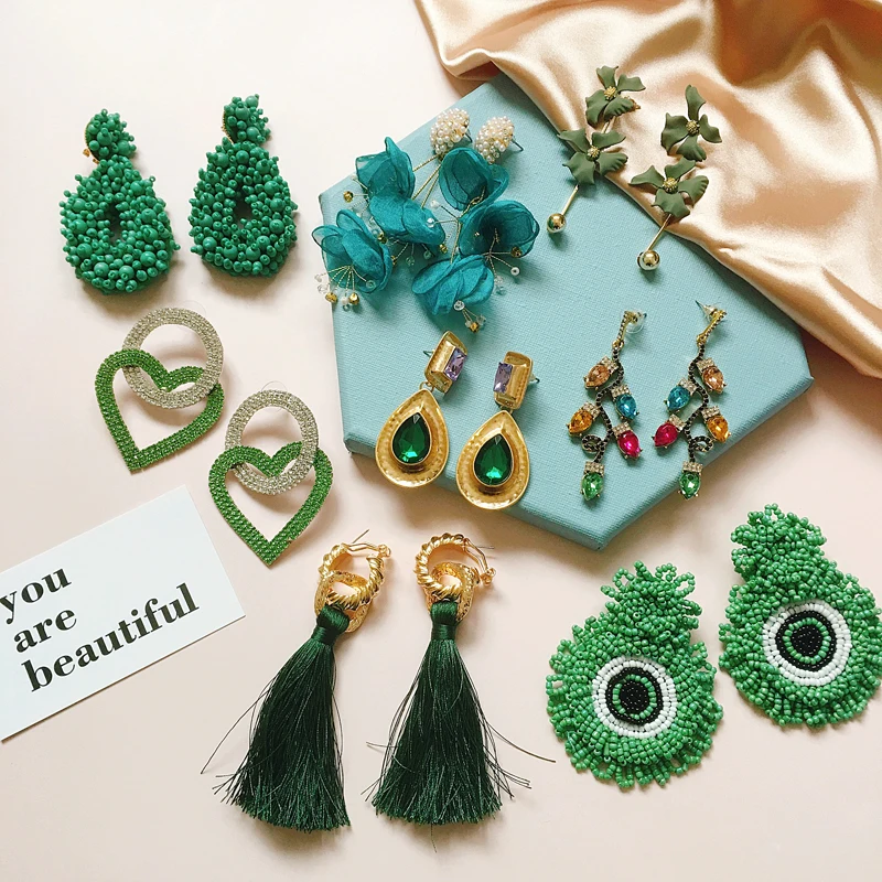

Ztech Green Pendant Big Za Earrings 2020 Handmade Luxury Resin Flower Crystal Beads Statement Party Wedding Dangle Drop Earrings