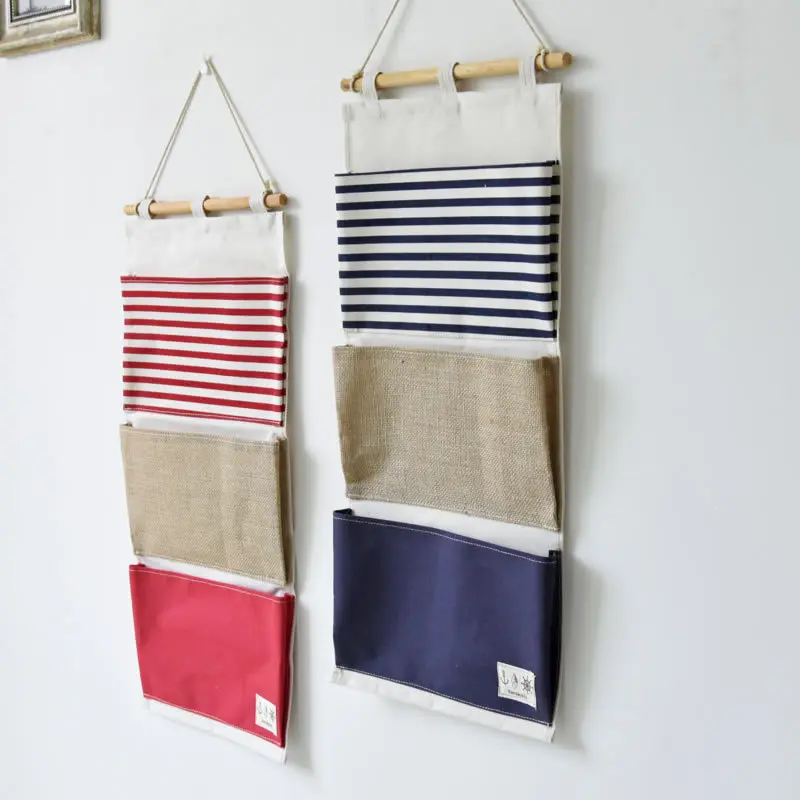 Multi-Function Striped Splicing Wall Hanging Bag 3 Pockets Sundry Storage Hanging Storage Bag/Wall Bag 2