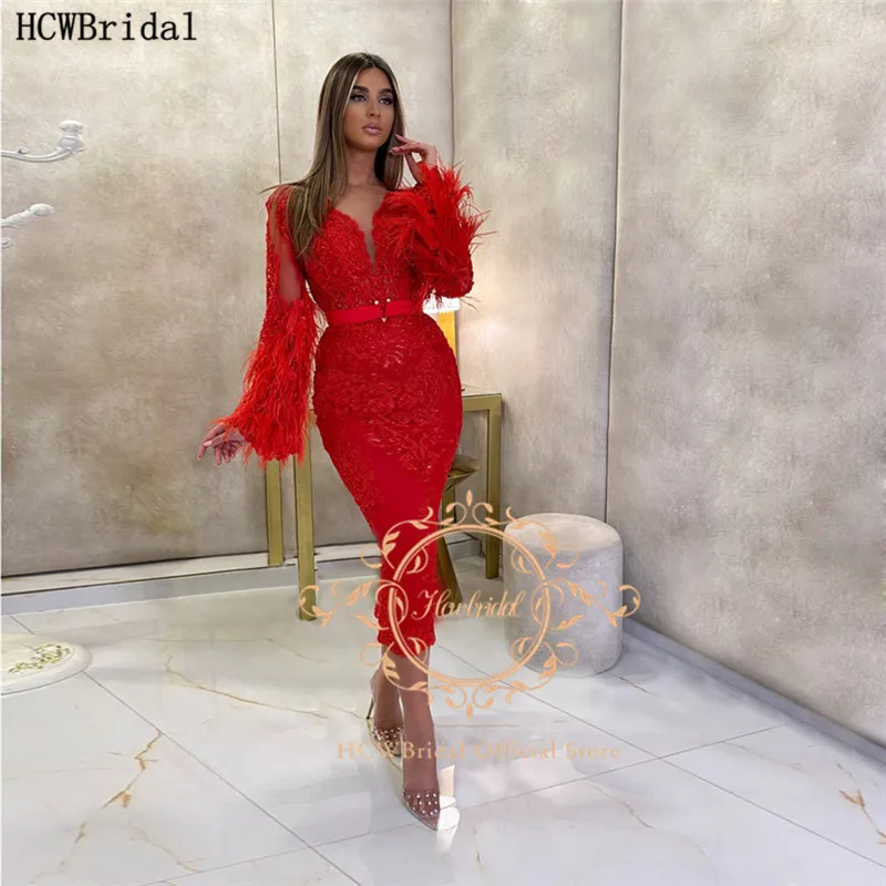 Hot Red Short Prom Dresses Feather Long 