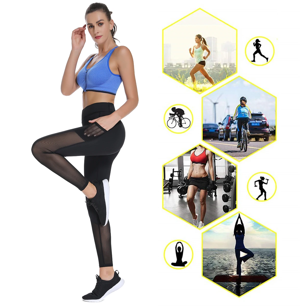 High Waist Workout Mesh Leggings Women Body Shapers with Pockets Gym Fitness Trousers Running Sports Slim Pants Stretch Black