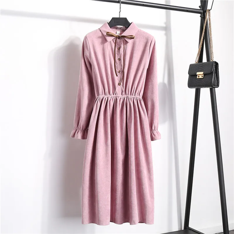 Осенне-зимние женские вельветовые платья, повседневные длинные рукава, высокая эластичная талия, а-силуэт, вечерние платья, женское платье-миди - Цвет: CR8167-pink