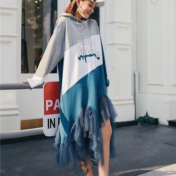 

TVVOVVIN Long-sleeved Hooded Sweatshirt Stitching Mesh Irregular Loose Plus Woman mesh Casual Simple Fashion 2019 Autumn F047