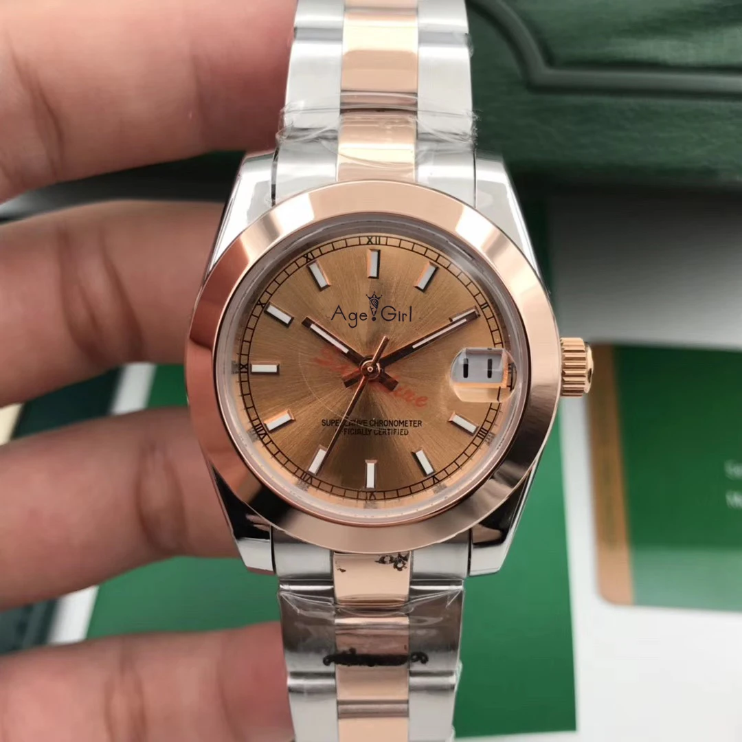 

Luxury Brand Stainless Steel Sapphire Watch Women Lady Smooth Bezel Automatic Mechanical Diamond Rose Gold Black Datejust 31mm