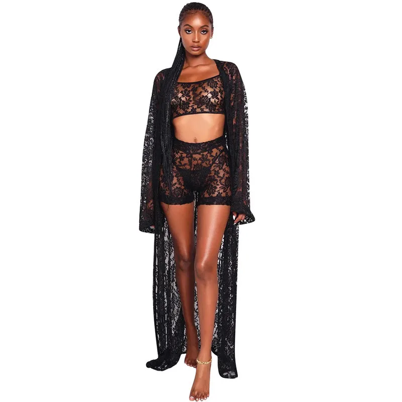 

Women Sheer Floral Lace 3 Piece Set Long Cardigan Coat Spaghetti Strap Crop Top with Shorts Sexy Night Club Outfits Matching Set