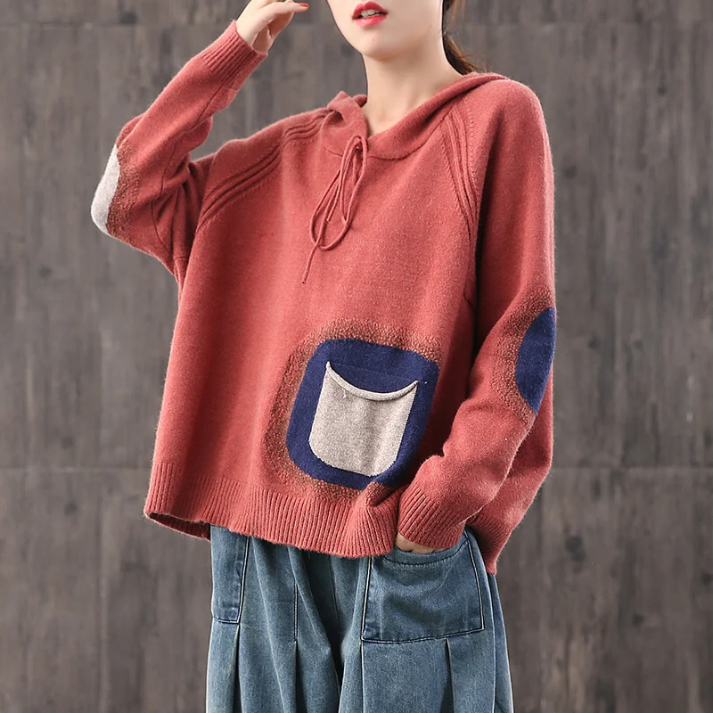 XITAO Patchwork Pocket Drawstring Pullovers Women