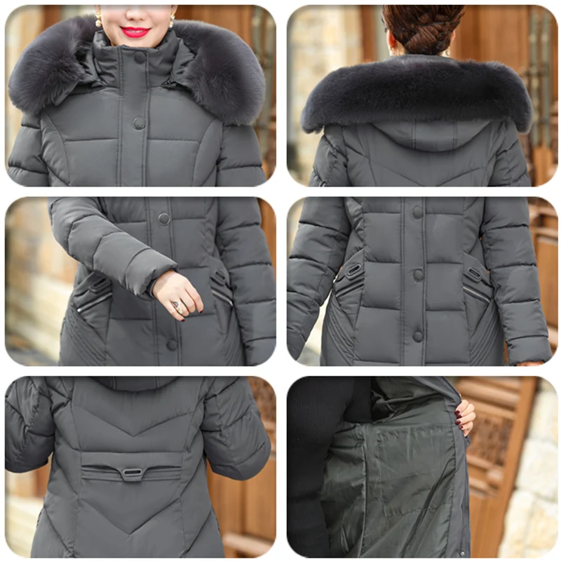 Большой размер 5XL, женский пуховик среднего возраста, хлопковая куртка, длинная парка, зимнее пальто, Женское пальто с меховым воротником, плотное Стеганое пальто