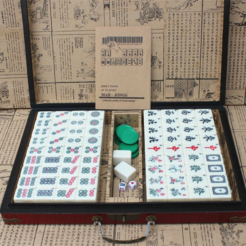 Mahjong портативный складной деревянный набор коробок настольная игра Mah-jong дорожная доска игра в помещении антикварная кожаная коробка руководство на английском языке