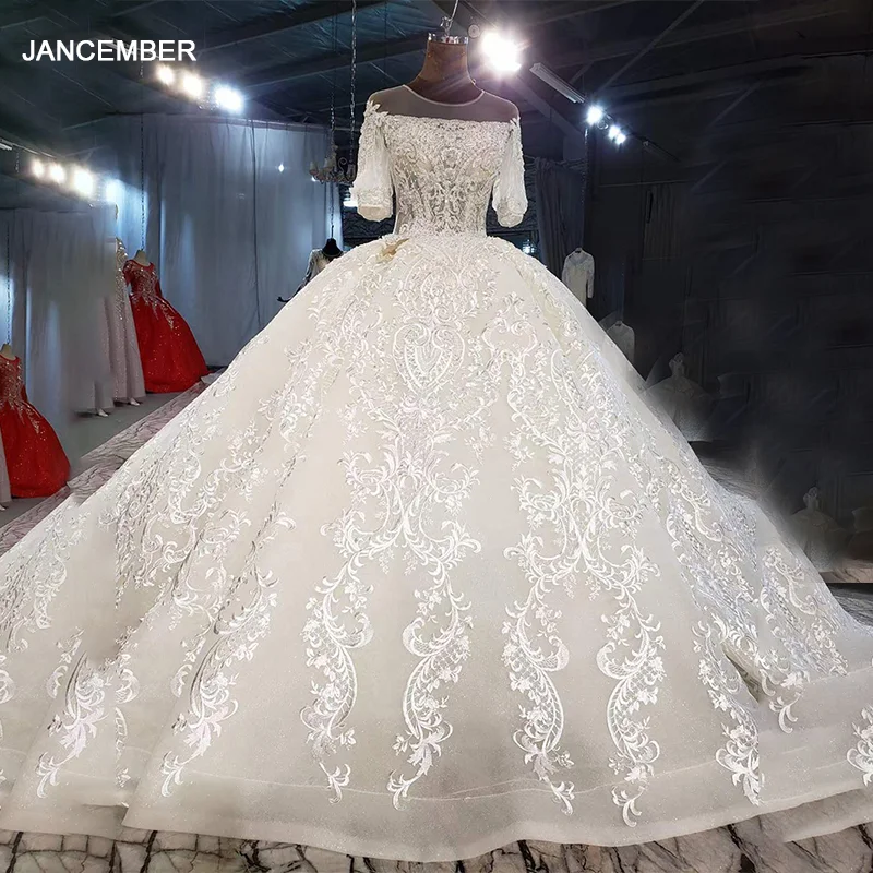 HTL2036 Wedding Dress 2021 For Woman Luxurious Boat Neck Crystal Beading Sequined Ball Gowns Half Puff Sleeve 1