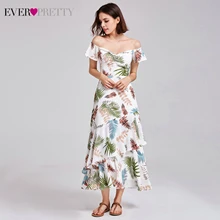 Ever Pretty элегантные платья для выпускного вечера с цветочным принтом ТРАПЕЦИЕВИДНОЕ ПЛАТЬЕ с открытыми плечами и оборками пляжный стиль Выпускные платья Vestido Festa